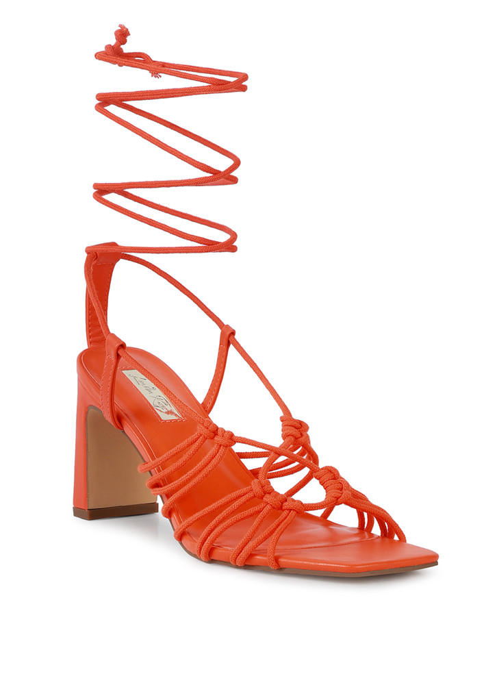 Strings Attach Braided Tie Up Block Orange Heeled Sandal
