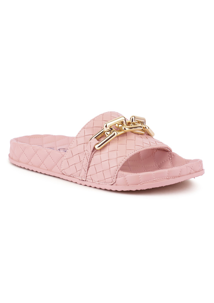 Pink Bling Chain Strap Woven Slip On Flats
