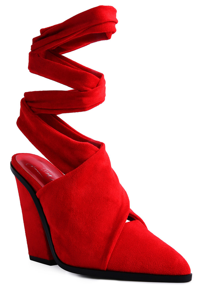 Red Mama Fav Lace Up High Block Heeled Mules