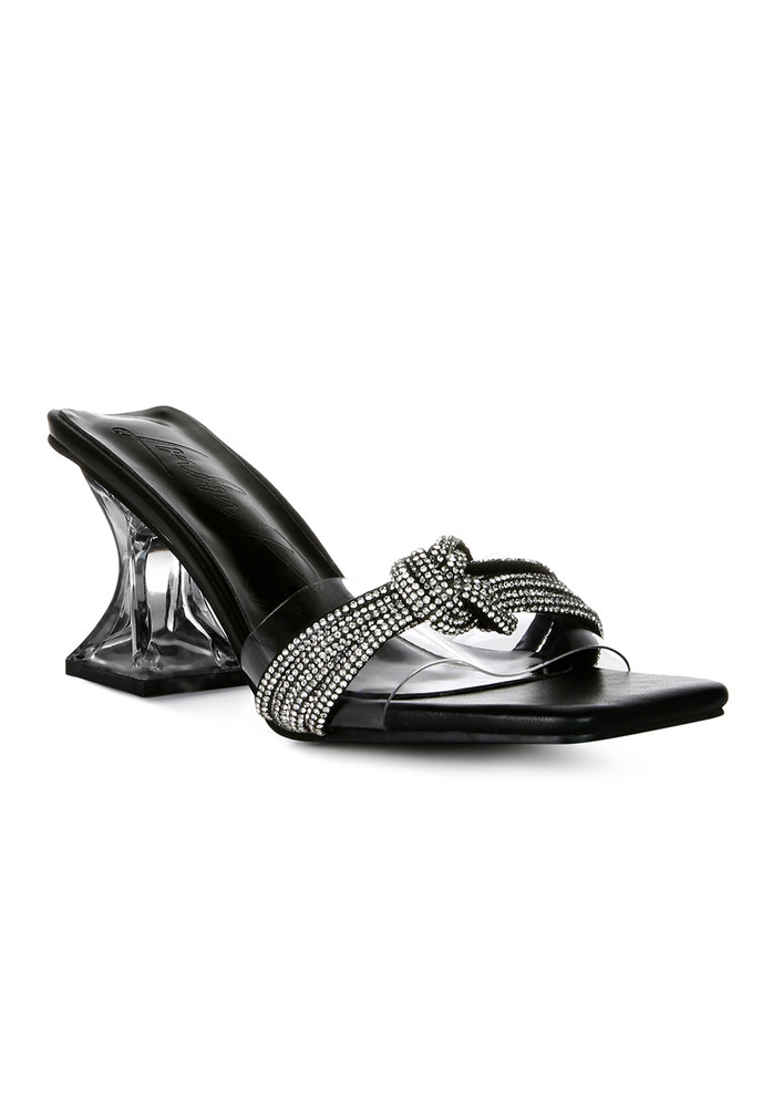 Black Knotted Diamante Strap Spool Heel Sandals