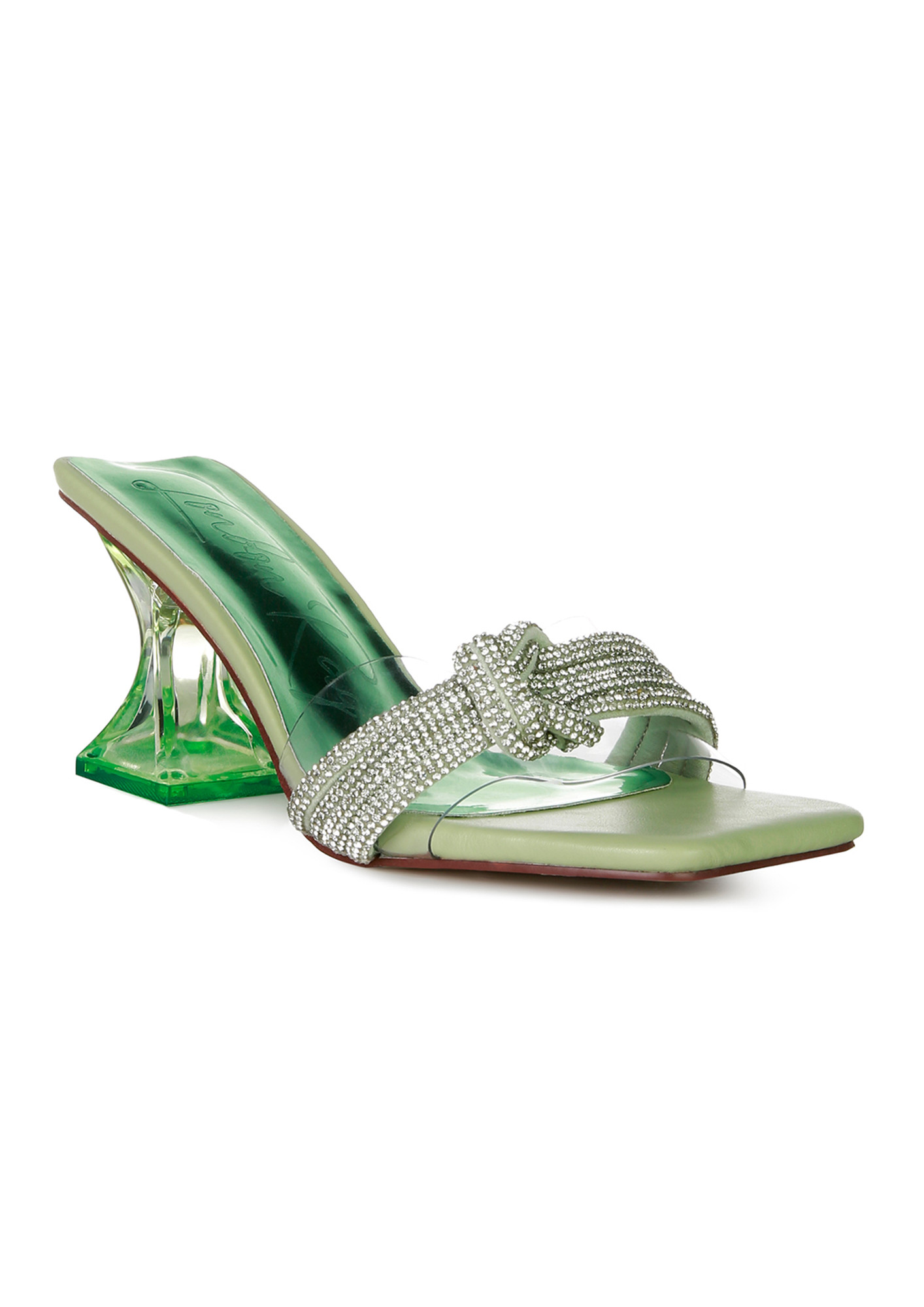 Green Knotted Diamante Strap Spool Heel Sandals