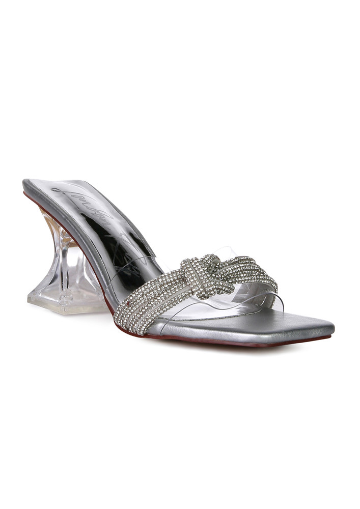 Silver Knotted Diamante Strap Spool Heel Sandals
