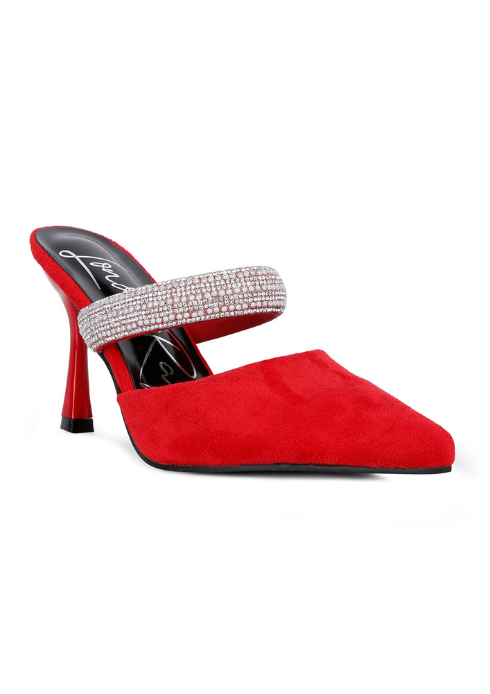 Red Diamante Strap Heeled Mules