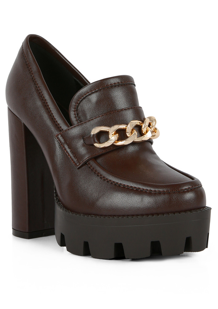 Brown Y2K Chunky High Block Heeled Loafers