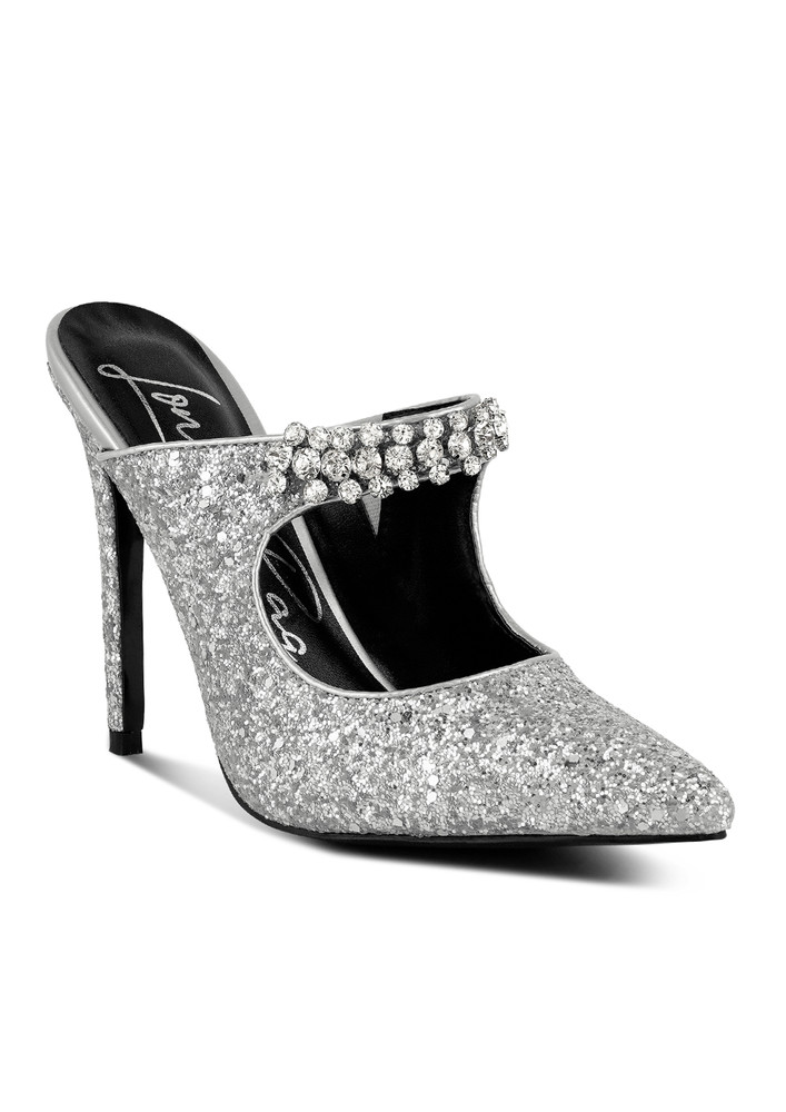 Silver Glitter Diamante High Heeled Sandals