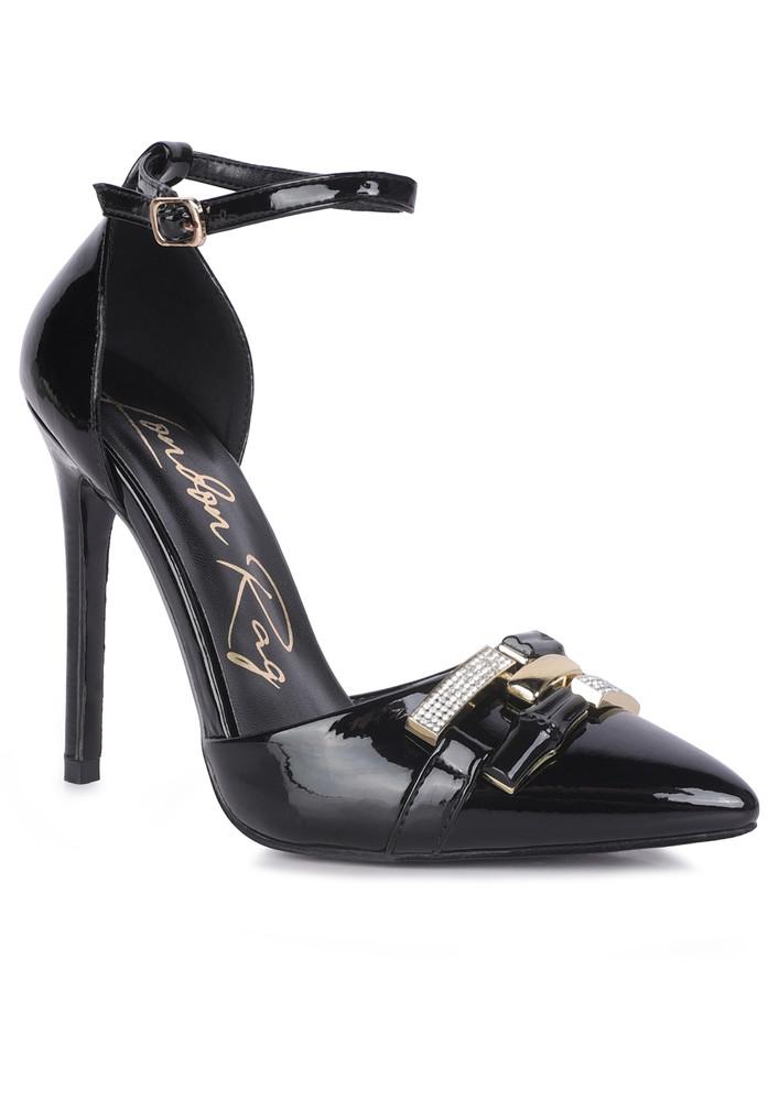 Black Mocktail Diamante Buckle Patent Stiletto Sandals
