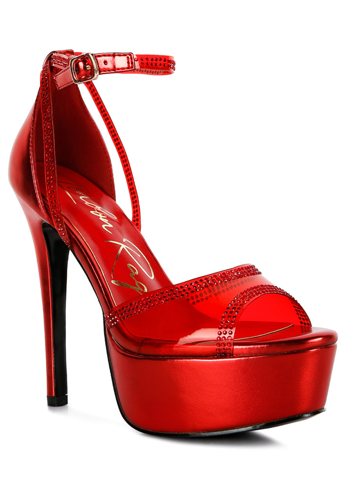Red Cinderella Diamante Detail Stiletto Platform Sandals