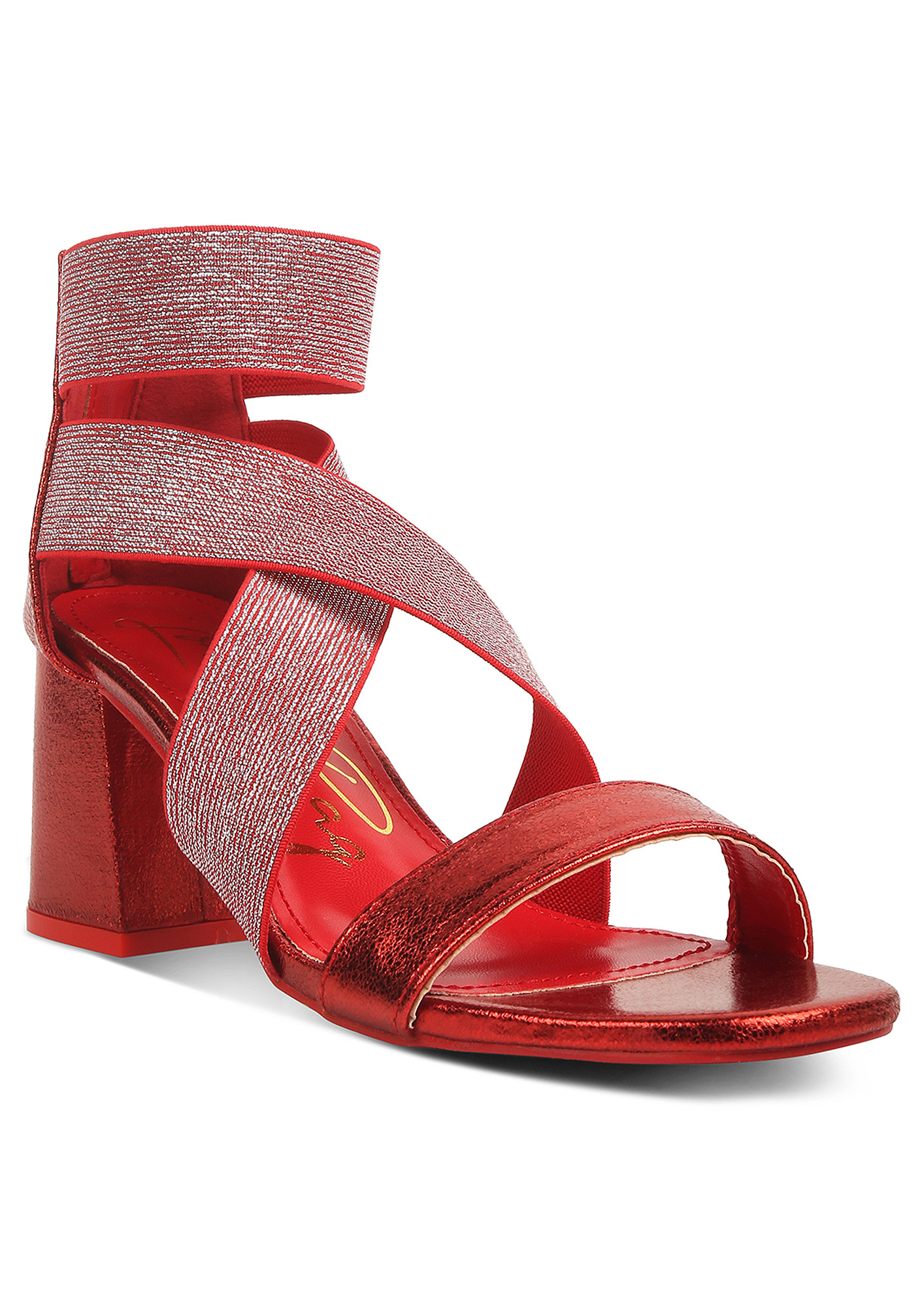 Red Elasticated Strappy Block Heel Sandals