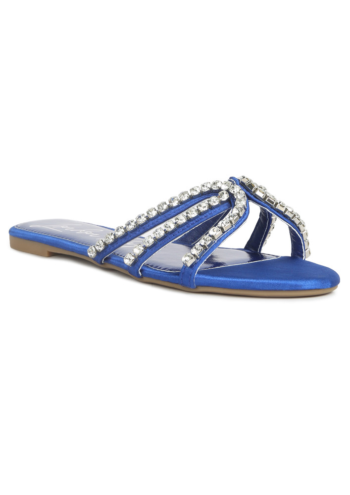 Blue Dimante Strap Flat Sandals