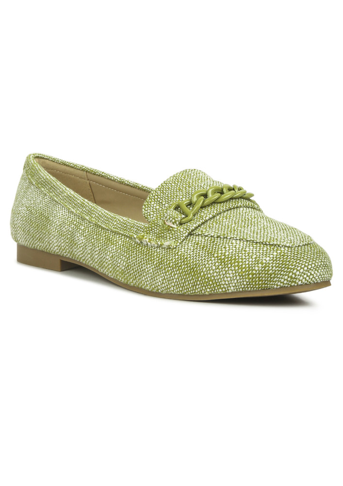 Green Chain Embellished Loafers
