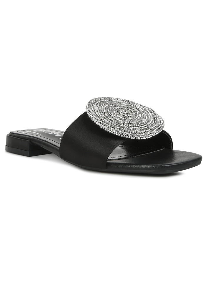 Black Rhinestones Embellished Brooch Slip On Sandals