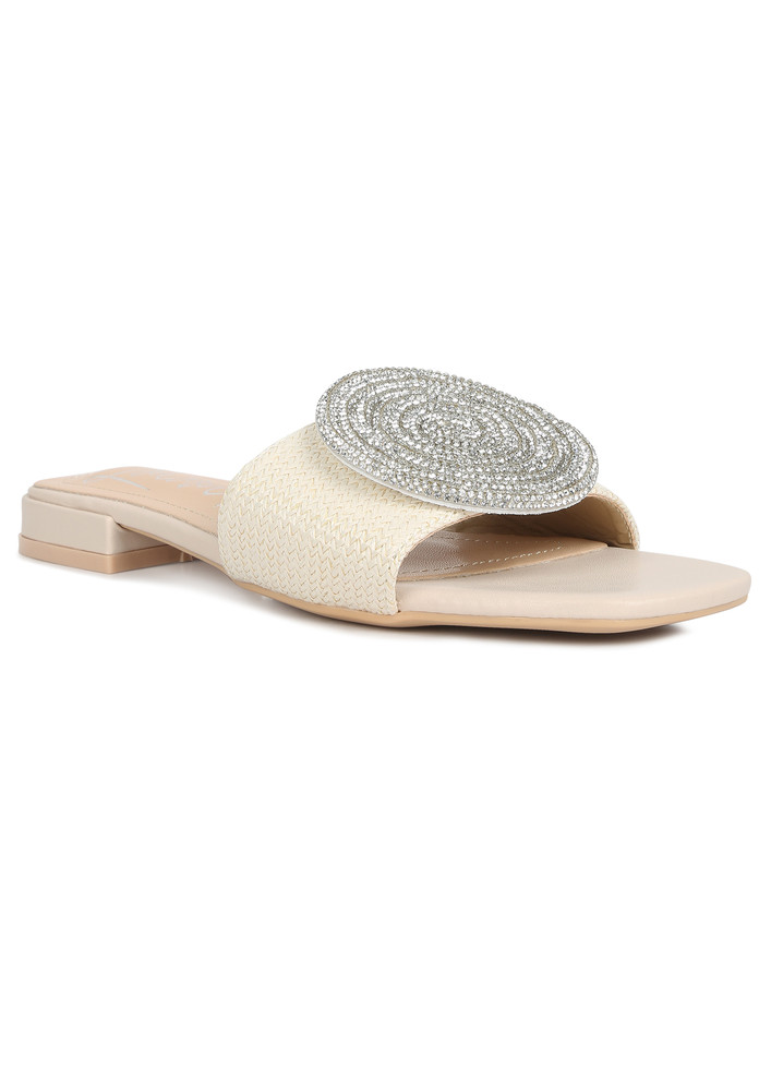 Off White Rhinestones Embellished Brooch Slip On Sandals