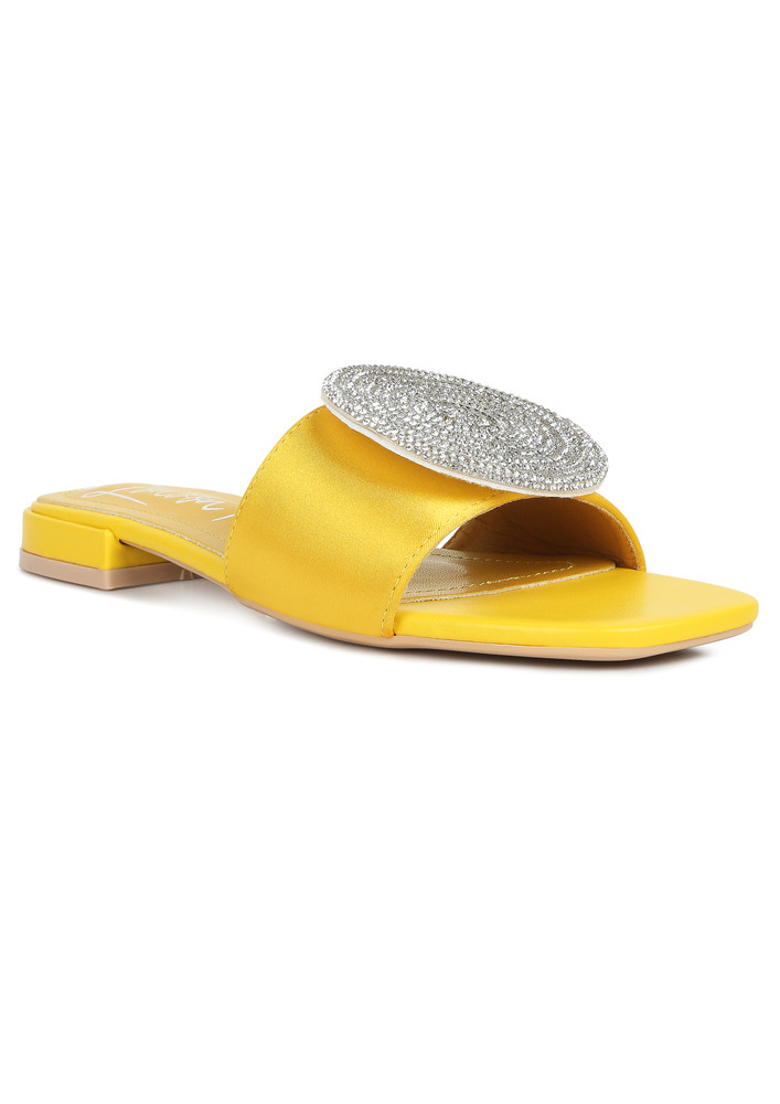 Yellow Rhinestones Embellished Brooch Slip On Sandals