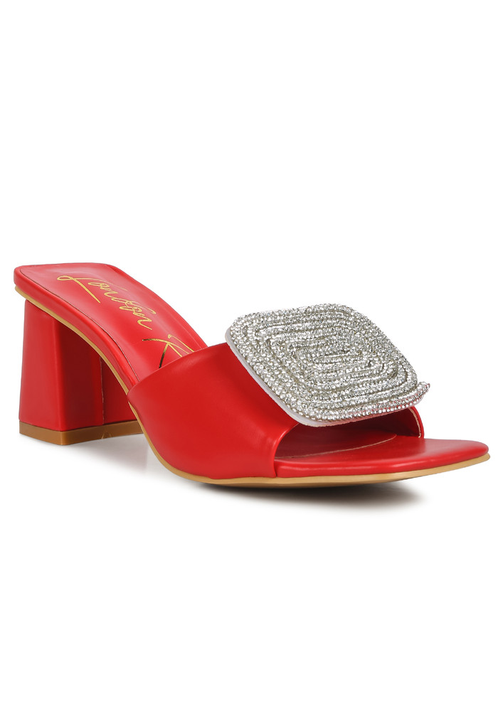 Red Rhinestones Embellished Slip On Sandals