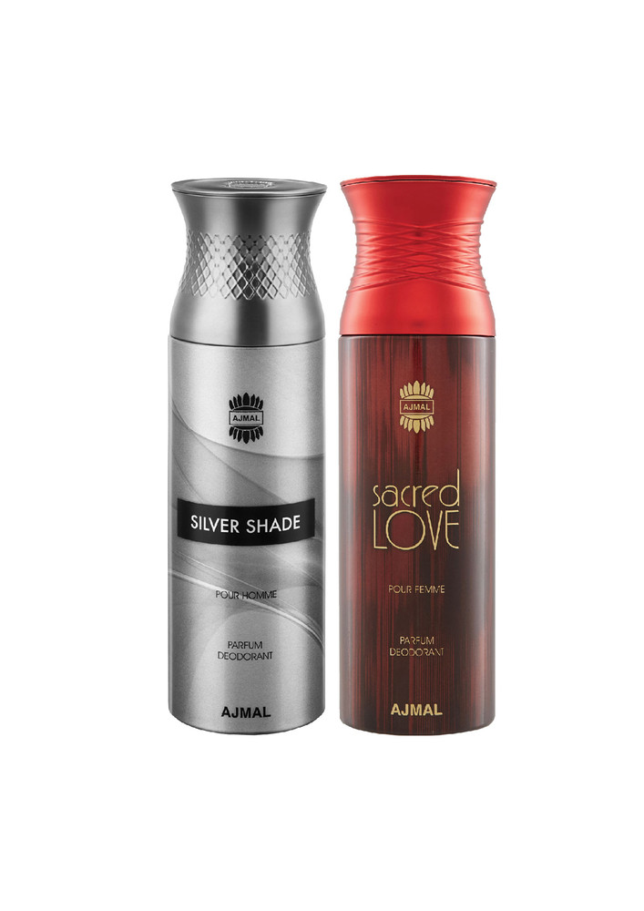 Ajmal Silver Shade & Sacred love Deodorant Spray Gift For Men & Women (200 ml, Pack of 2) + 1 Perfume Tester