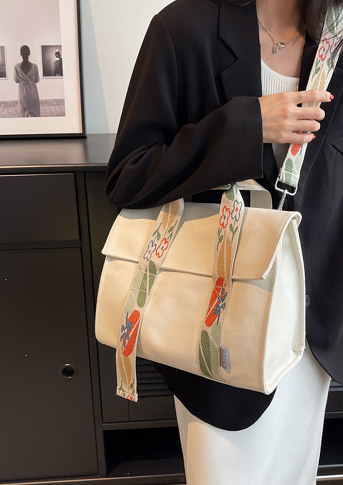 WHITE FLAP FRONT TOTE BAG