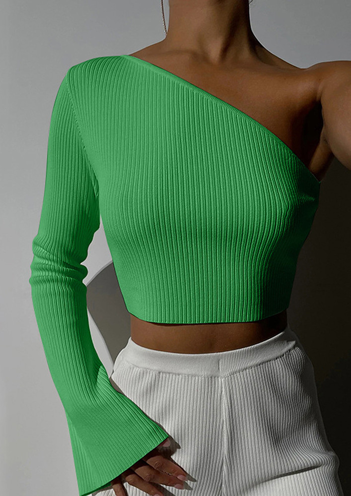 SOLID ONE-SHOULDER GREEN RIB-KNIT TOP