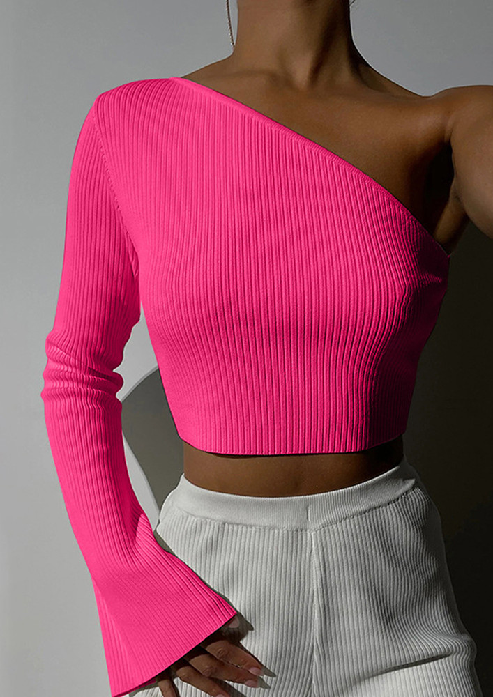 SOLID ONE-SHOULDER PINK RIB-KNIT TOP