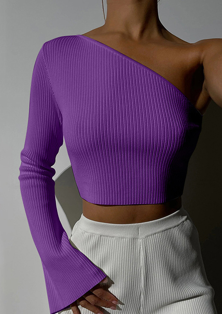 SOLID ONE-SHOULDER PURPLE RIB-KNIT TOP