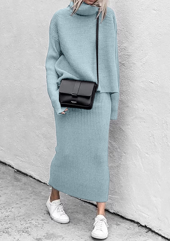 Blue Polo Neck Sweater & Long Skirt Set