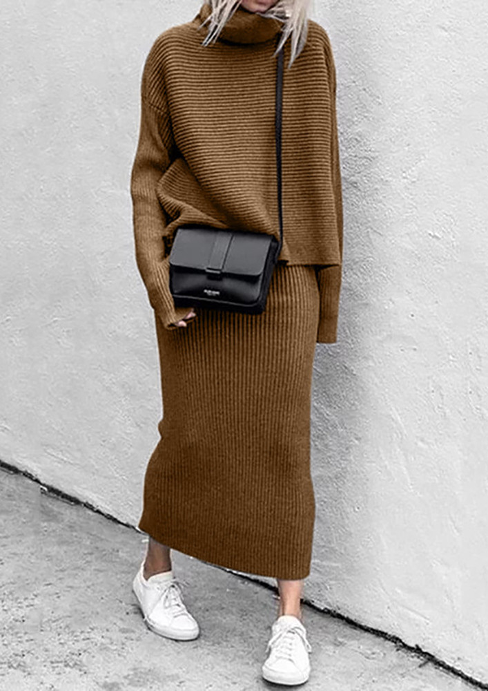 Brown Polo Neck Sweater & Long Skirt Set