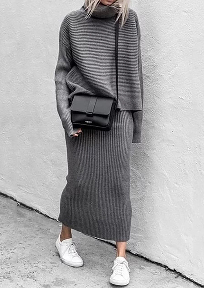 Grey Polo Neck Sweater & Long Skirt Set