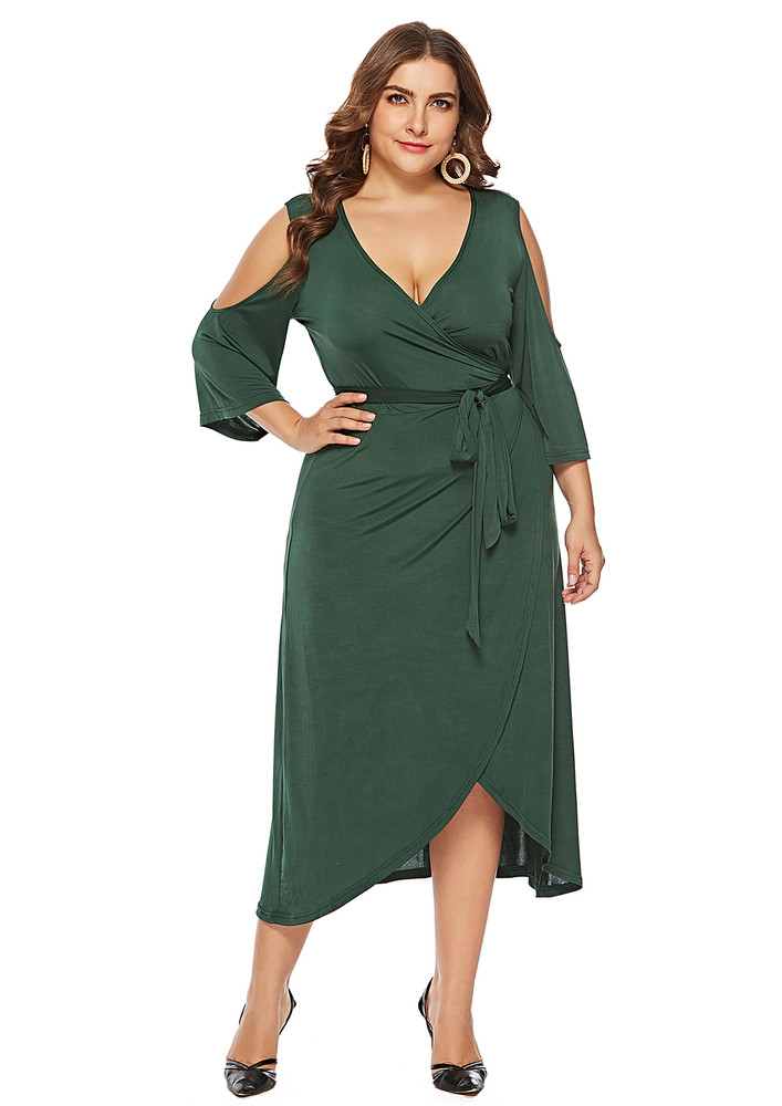 Green Surplice Neck Plus Size Wrap Dress