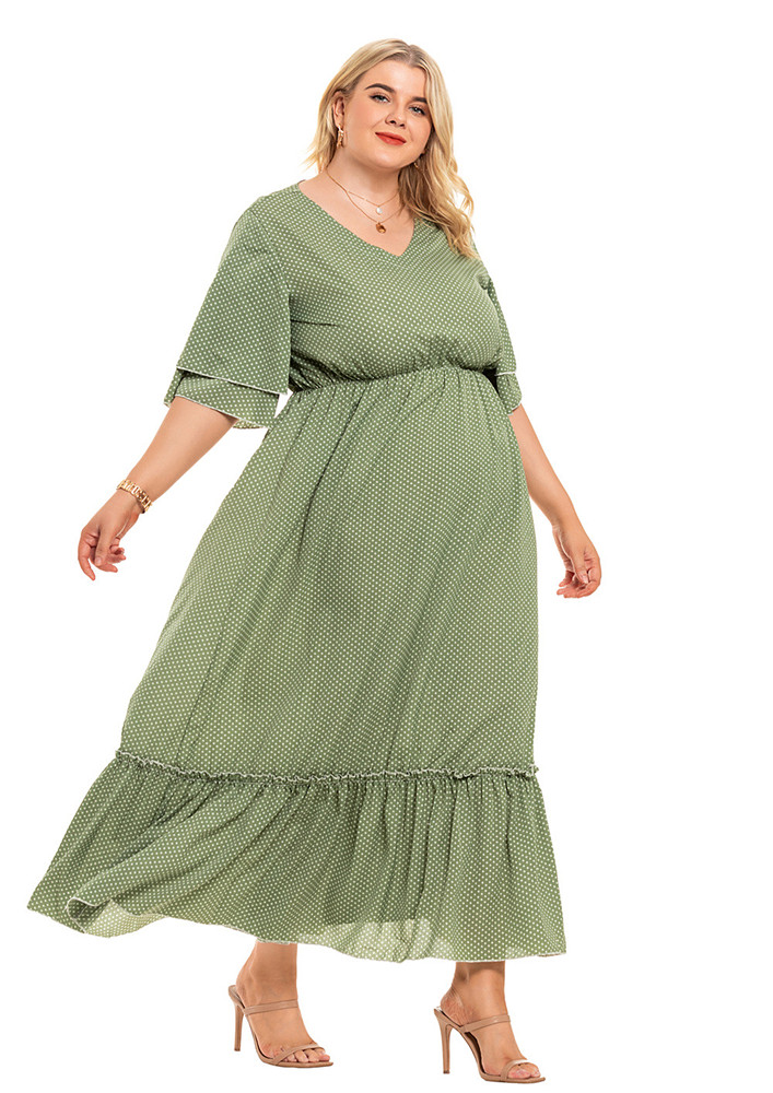 Green Printed V-neck Plus Size Long Dress