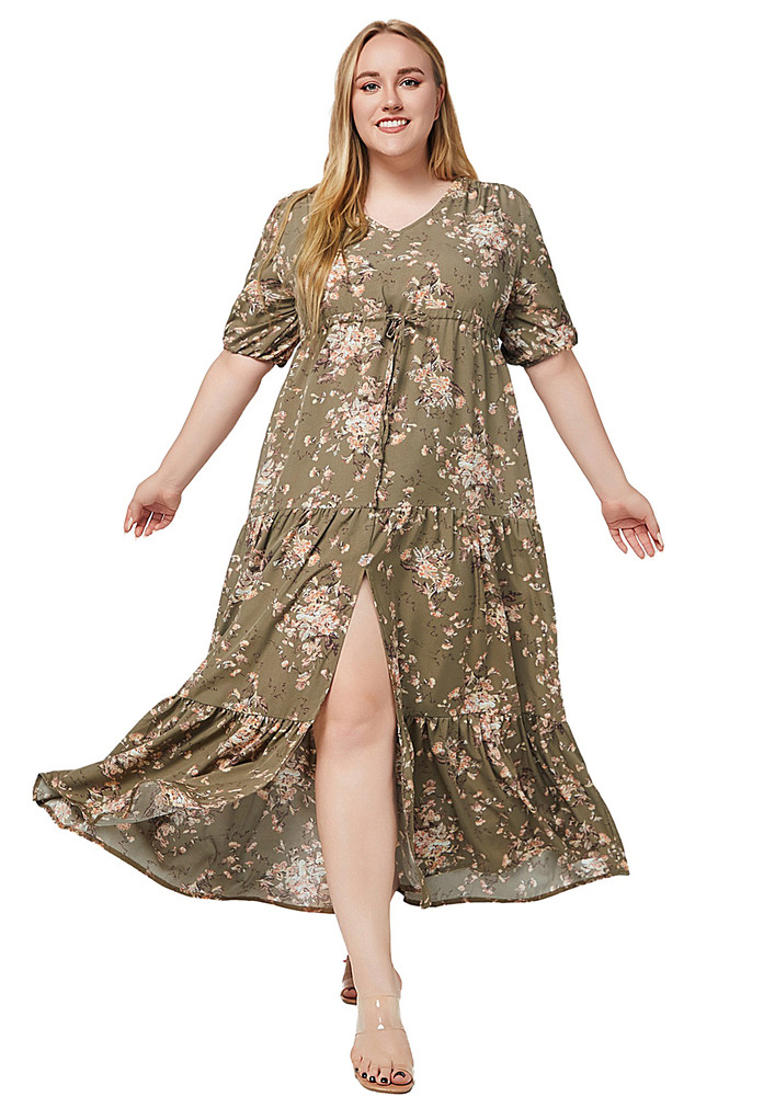 Green Floral Pattern Plus Size Tiered Dress