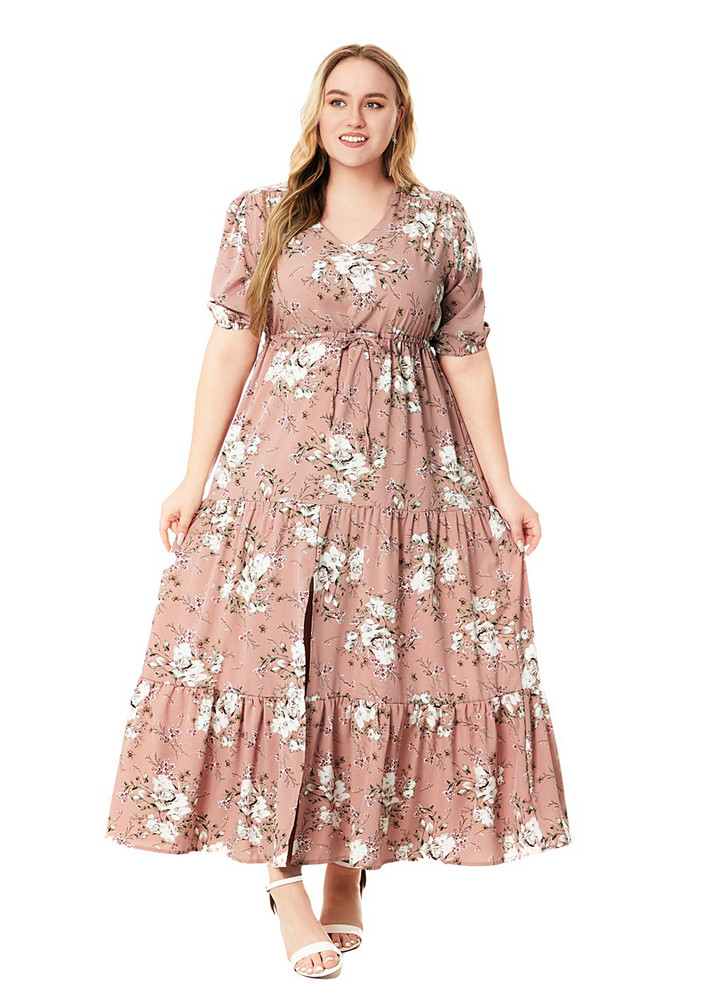 Pink Floral Pattern Plus Size Tiered Dress