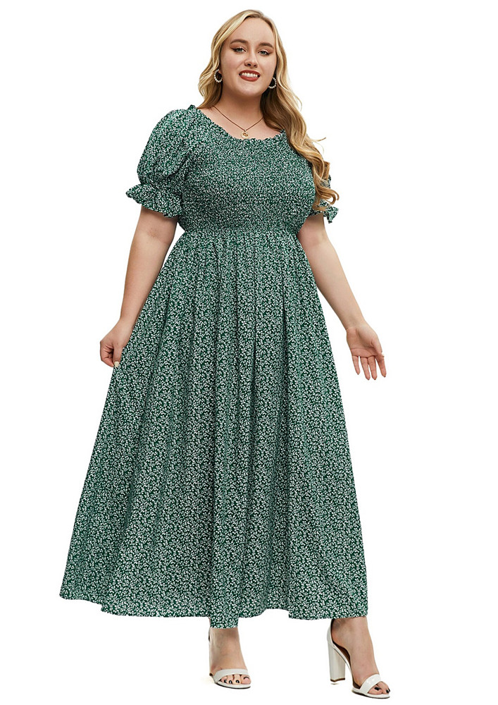 Green Printed Plus Size Summer Dress