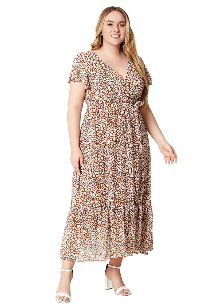 Brown Floral Pattern Plus Size Long Dress