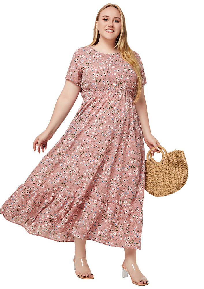 Pink Floral Pattern Long Plus Size Dress