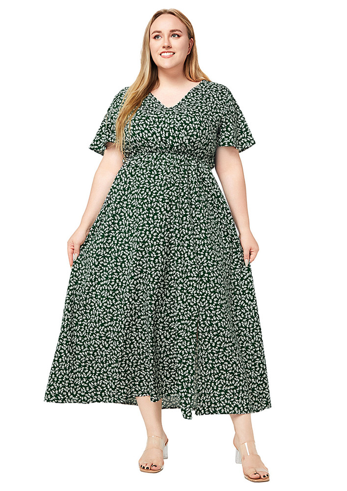 Green Printed V-neck Plus Size Dress