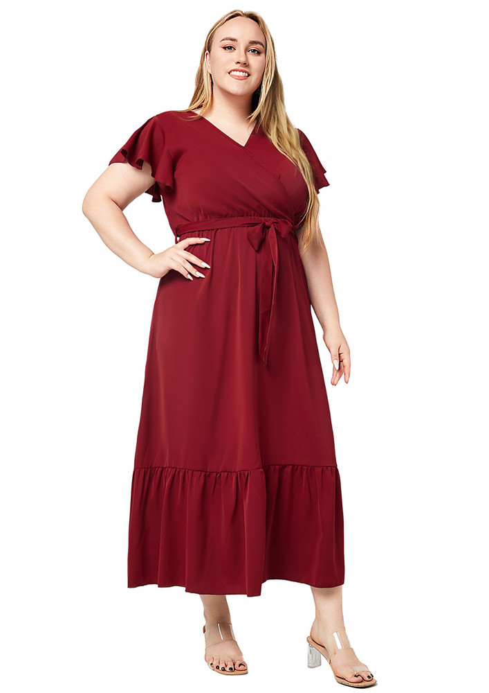 Red Knot-tie Waist Plus Size Long Dress