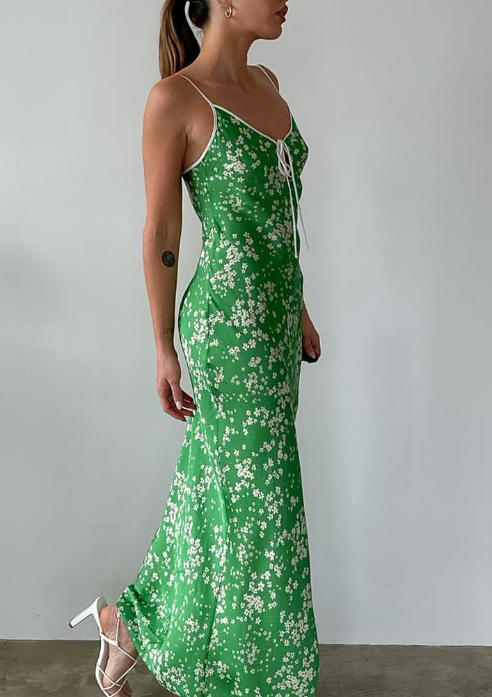 Floral Print Green Long Slip Dress