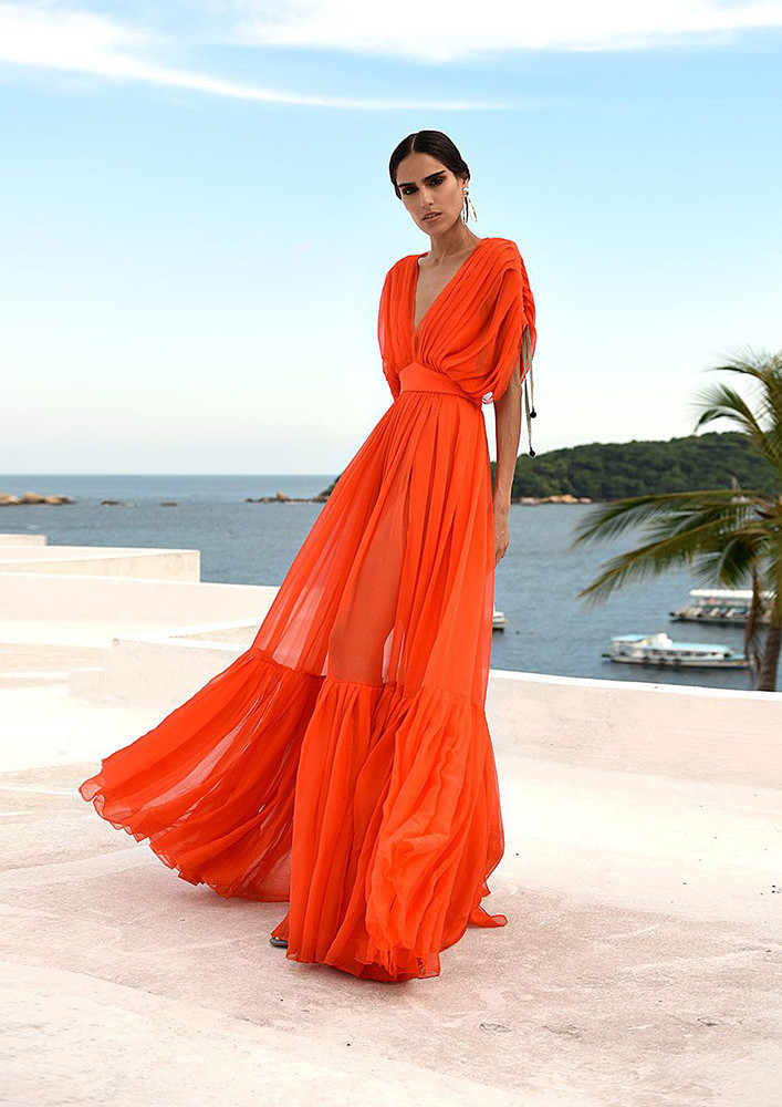 V-neck Pleated A-line Long Orange Dress
