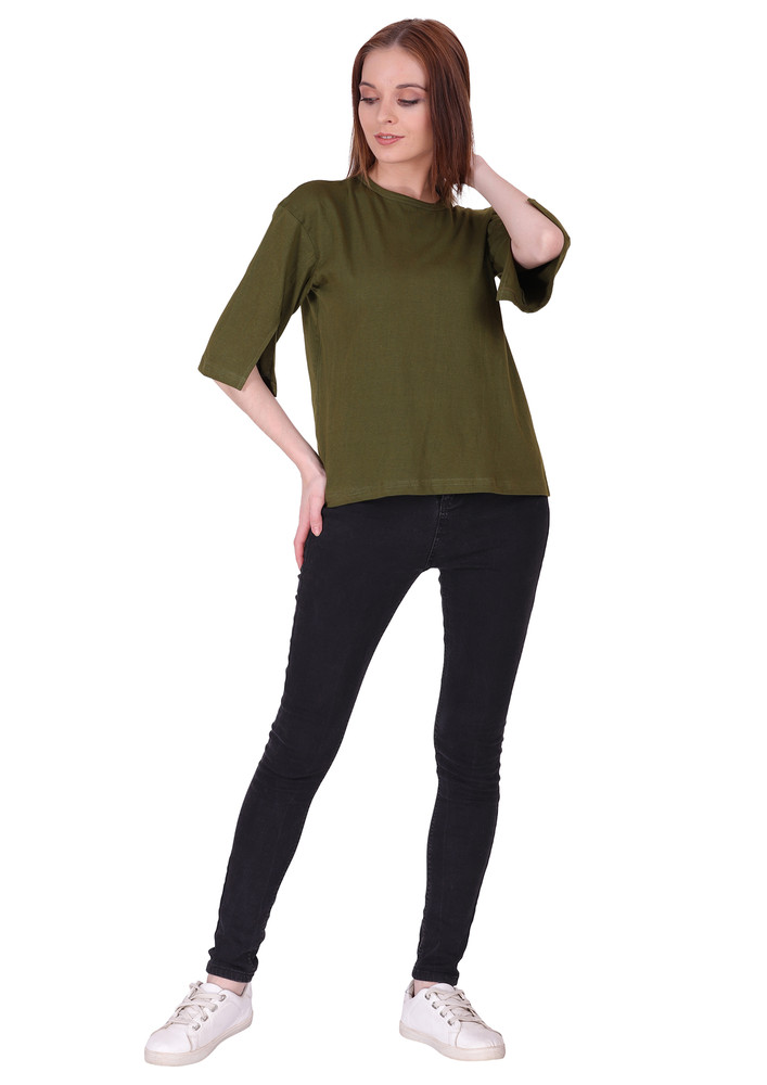 Styvibe Women Olive Green Round Neck Cut Sleeve Top