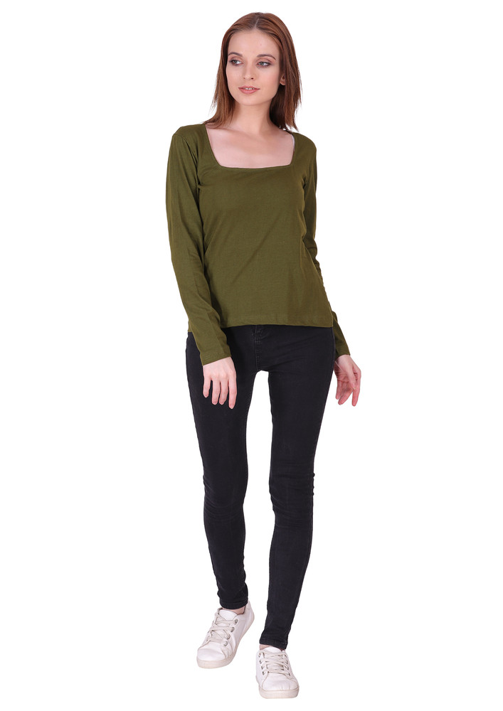 Styvibe Women Olive Green Square Neck Full Sleeve Top
