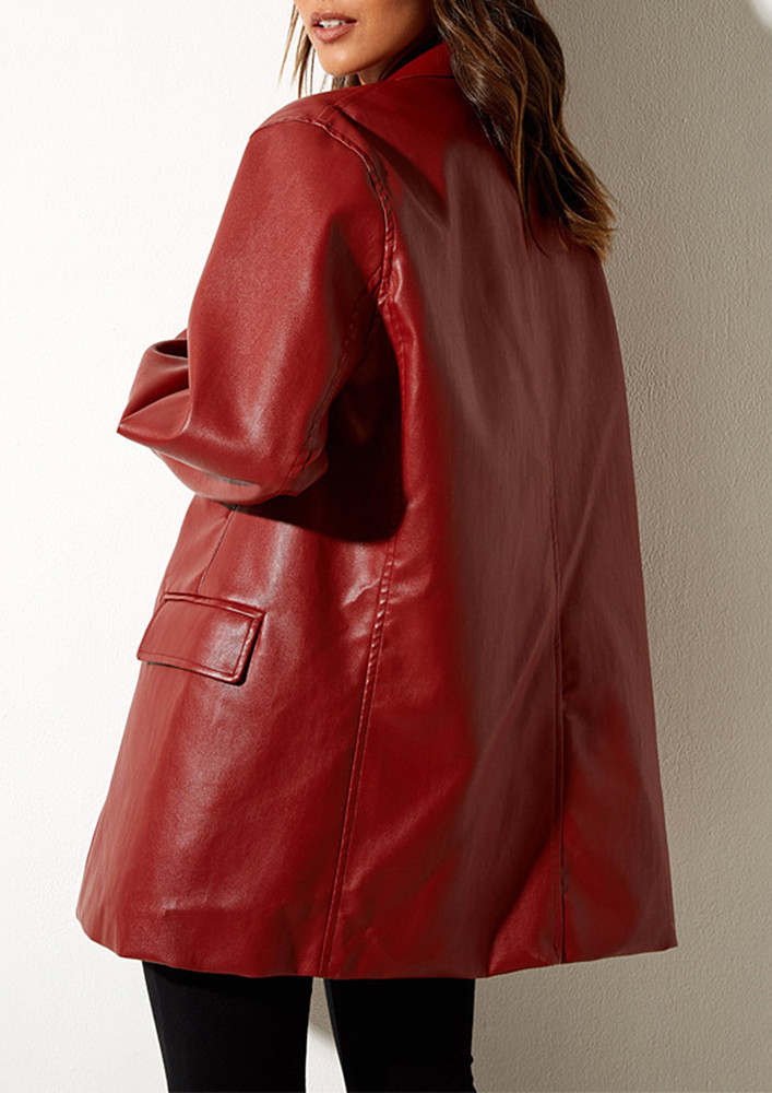 Taliored Collar Red Pu Leather Coat