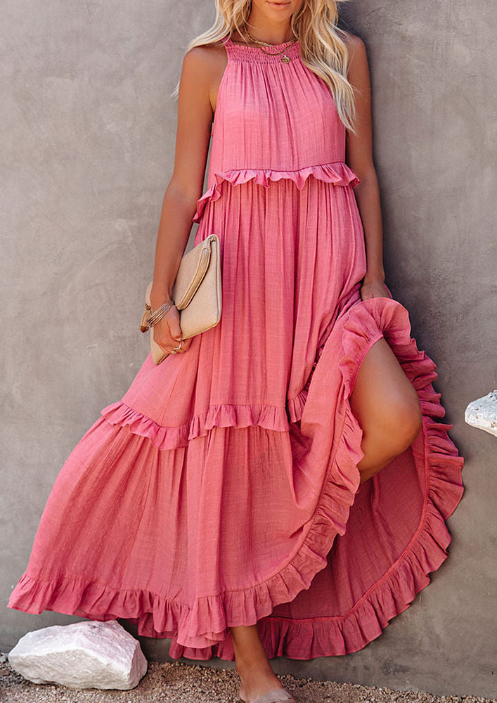 Pink Halter Neck Tiered Maxi Dress