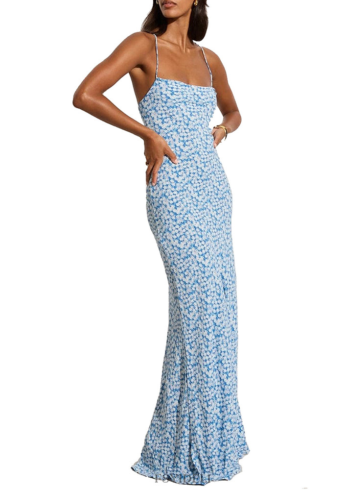 Blue Floral Print Lace-up Long Dress