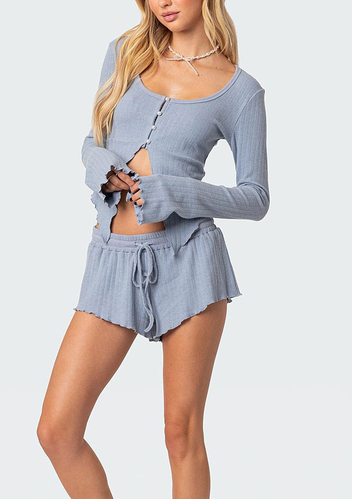 Grey Blue Buttoned Top & Shorts Set