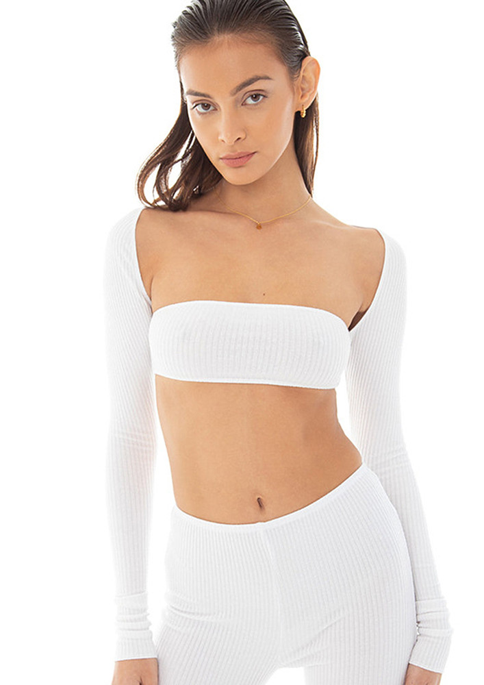 Ribbed Long-sleeved White Crop Top