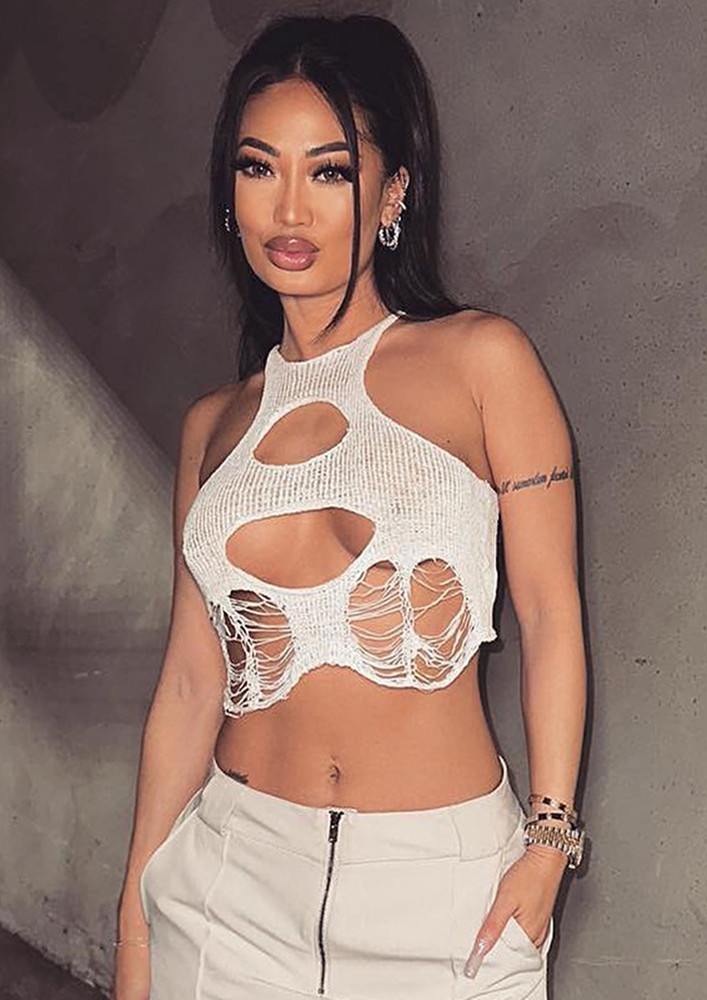RIPPED CUT-OUT HALTER WHITE CROP TOP