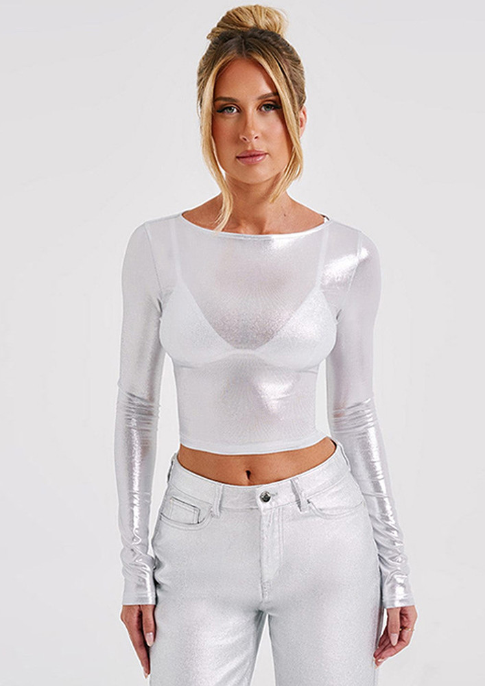 WHITE METALLIC FITTED T-SHIRT