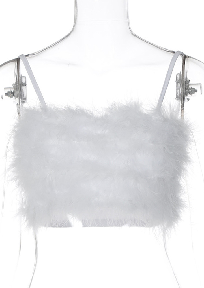 WHITE FLUFFY FURRY CROPPED CAMI