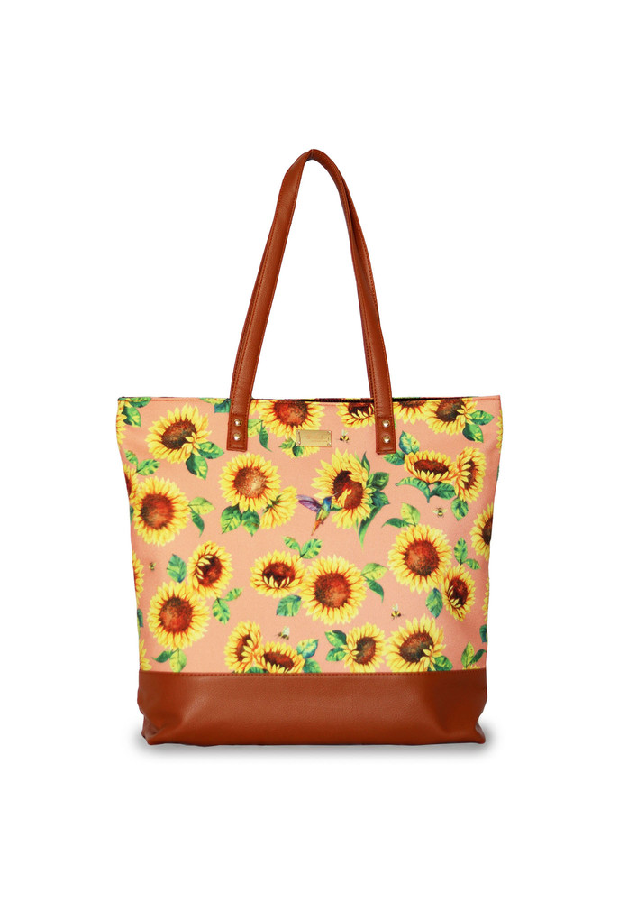 Strokes by Namrata Mehta Peach Sunflower Field Tote Bag For Women