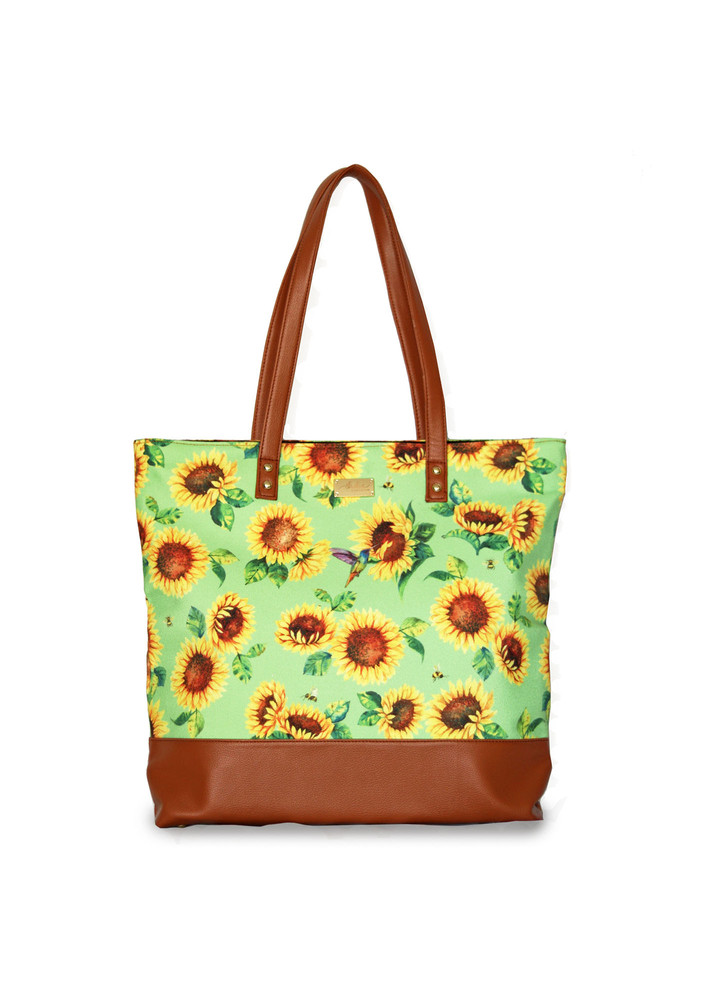 Strokes by Namrata Mehta Lime Green Sunflower Field Tote Bag For Women