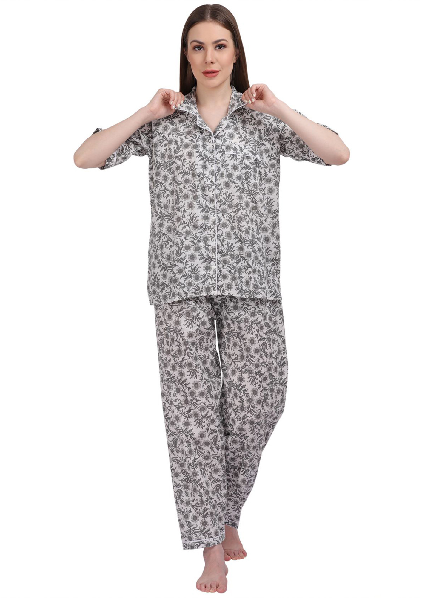 The Birdbox Project Women's Floral Block Printed 100% Cotton Nightsuit Set Straight Fit Half Sleeves Night Suit Button Down Lounge Wear Pyjama Top Grey Floral-